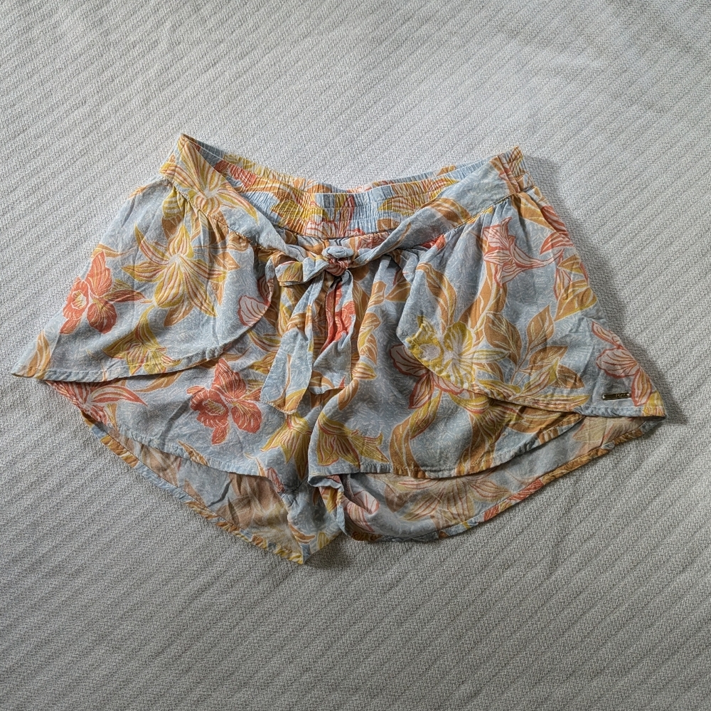 Roxy Tropical Print Elastic Tie Shorts Size M Blue, Orange, Yellow